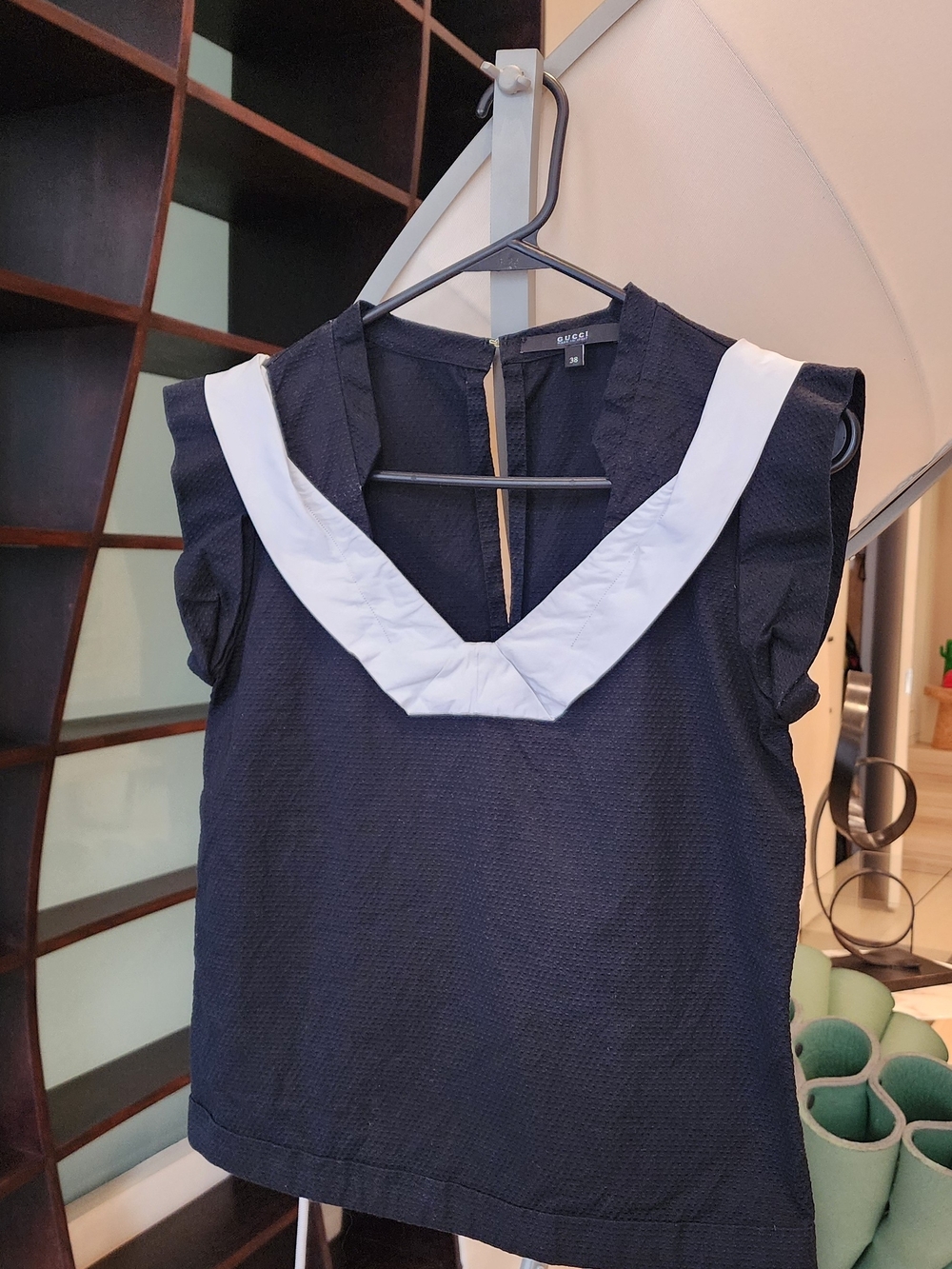 Gucci Vintage Sailor Black Sleeveless Top with White V Collar Size XS